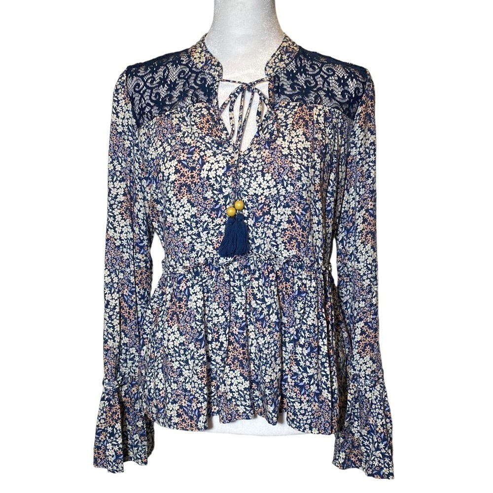 Gypsies & Moondust women small ruffle ditzy floral blue mix BOHO Peasant blouse